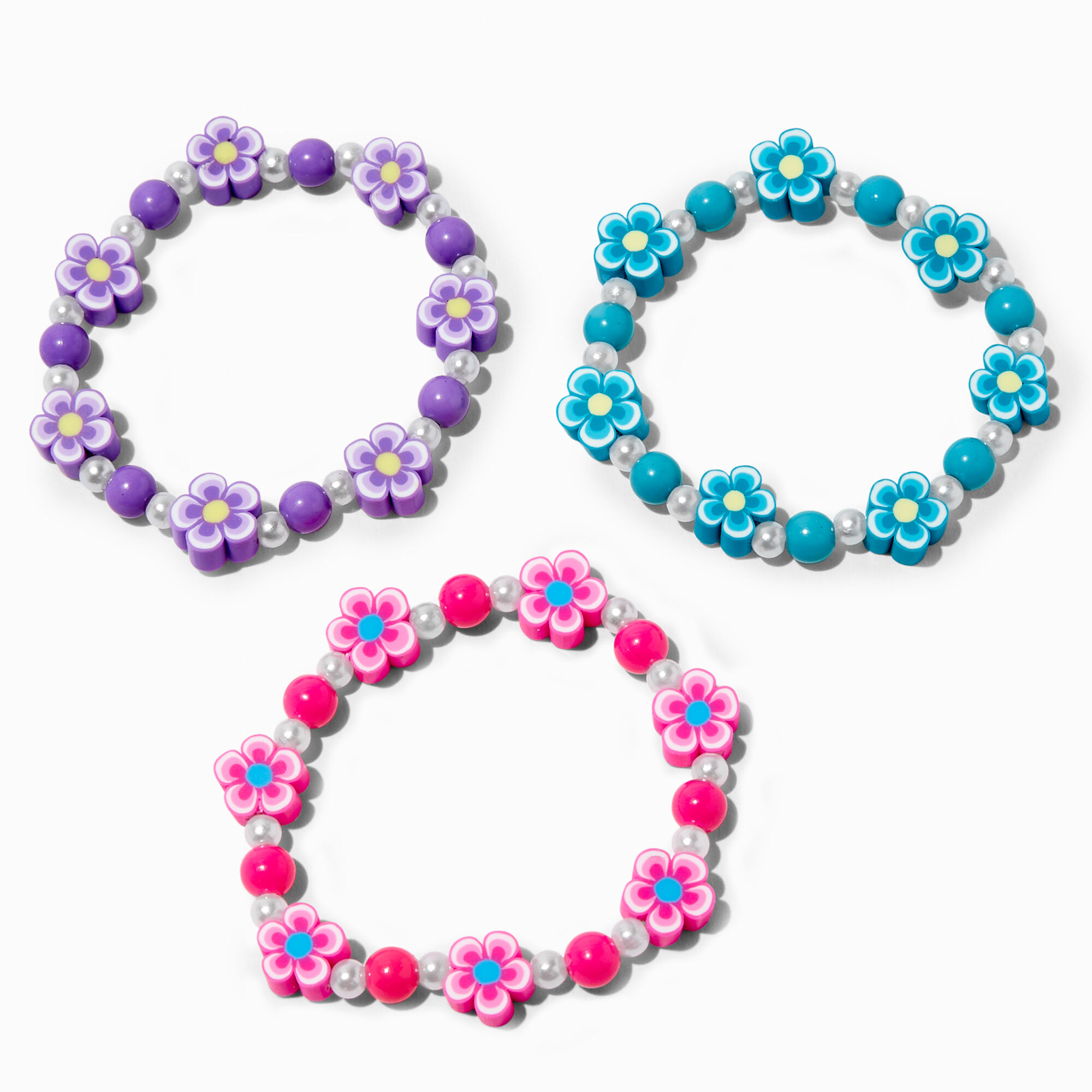 View Claires Club Fimo Clay Flower Bead Stretch Bracelets 3 Pack Rainbow information