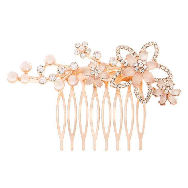 Claire's Peigne à cheveux couleur doré rose avec fleurs roses à l’aspect givré