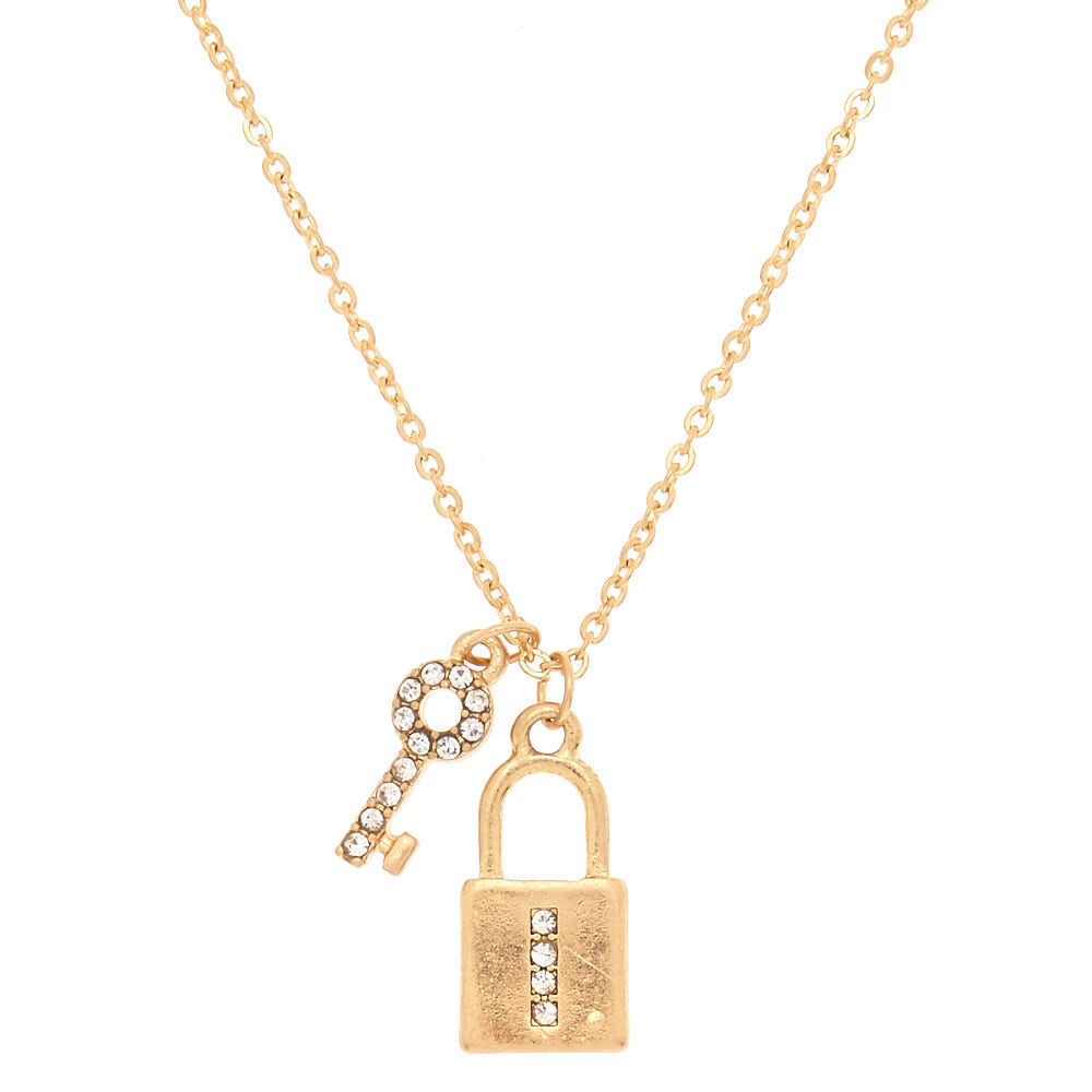 Collier à pendentif cadenas et clé couleur doré avec initiale - I,