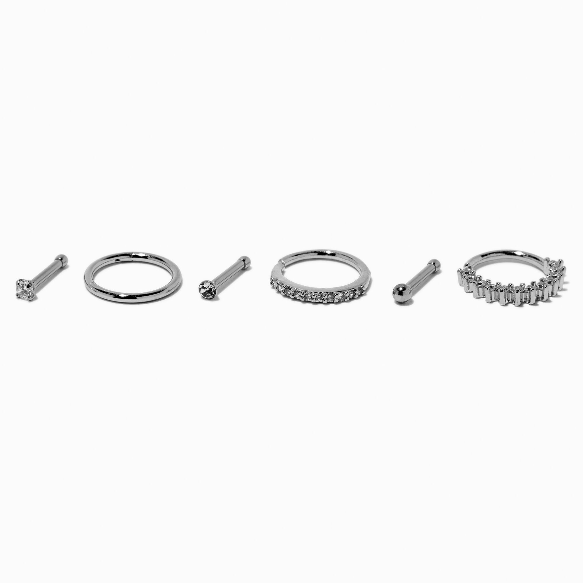 Anneaux et clous de nez basiques avec zircon cubique 1,0 mm en acier inoxydable couleur argentée - Lot de 6,