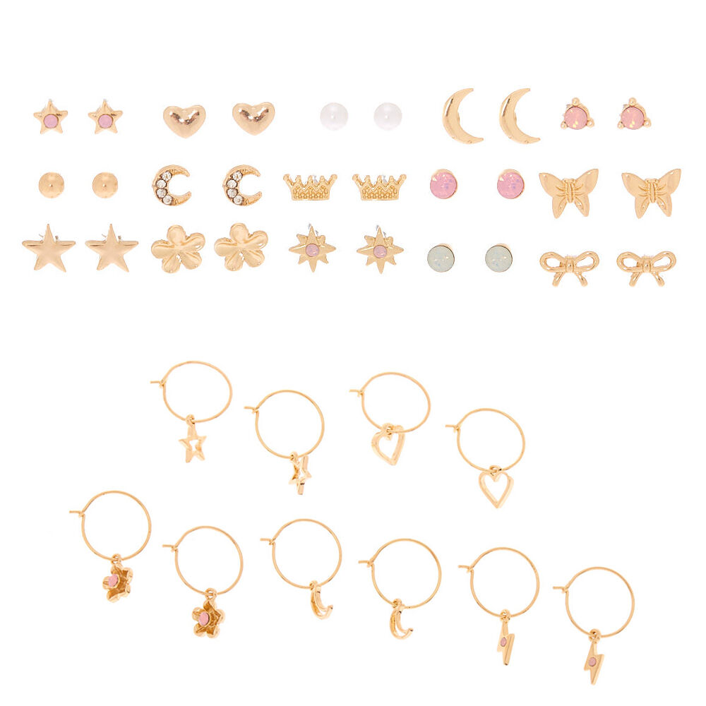 18K Gold Plated Star & Moon Connector Chain Stud Earrings | Claire's