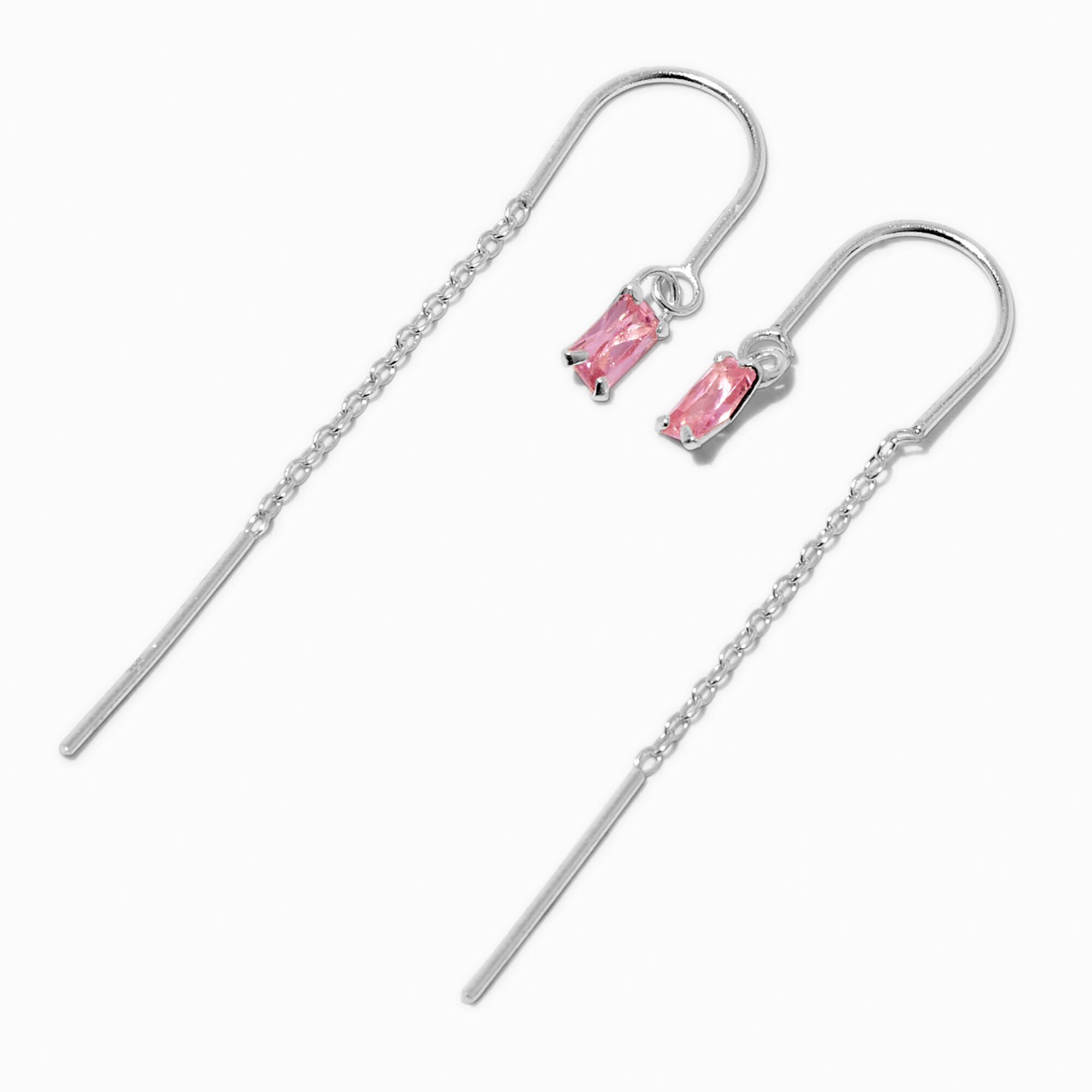 C LUXE by Claire's Sterling Silver Cubic Zirconia Pink Baguette Threader Earrings,