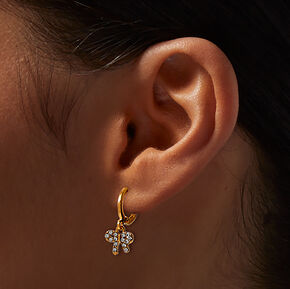 C LUXE by Claire&#39;s 18k Yellow Gold Plated Crystal Bow Dangling Hoop Earrings,