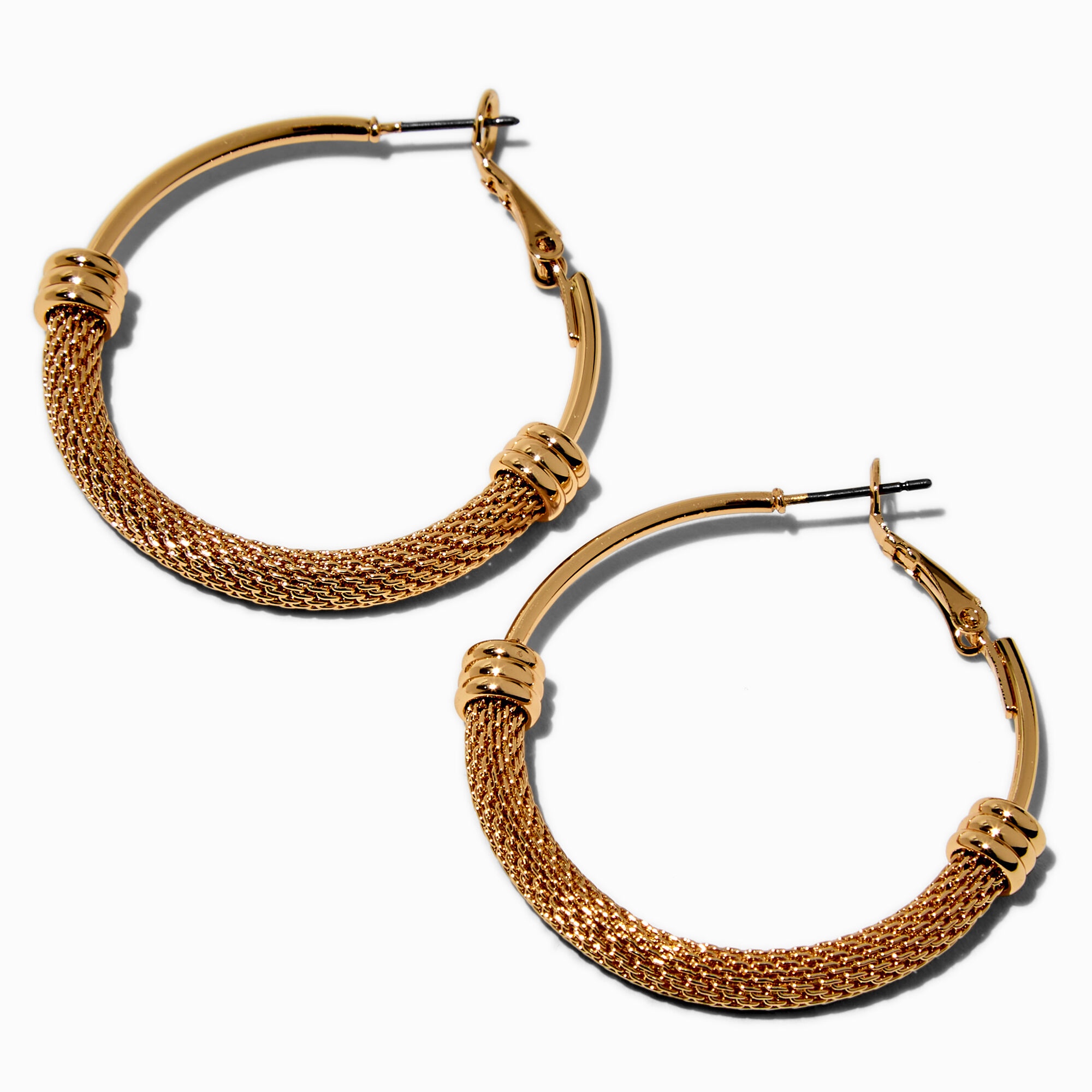 View Claires Tone Half Mesh 40MM Hoop Earrings Gold information
