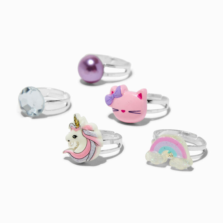  Claire's Club Little Girls Adjustable Small Glitter Rainbow,  Unicorn, Cat and Pearl Ring Set, 5-rings: Clothing, Shoes & Jewelry
