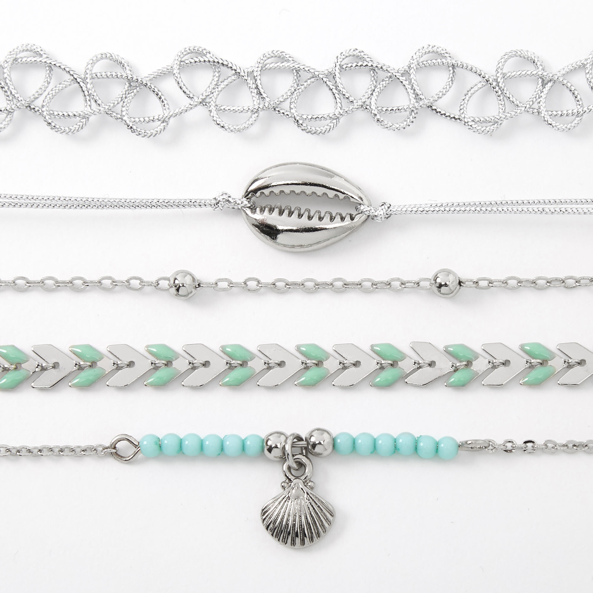 Silver Day At The Beach Mixed Choker Necklaces - Turquoise, 5 Pack,