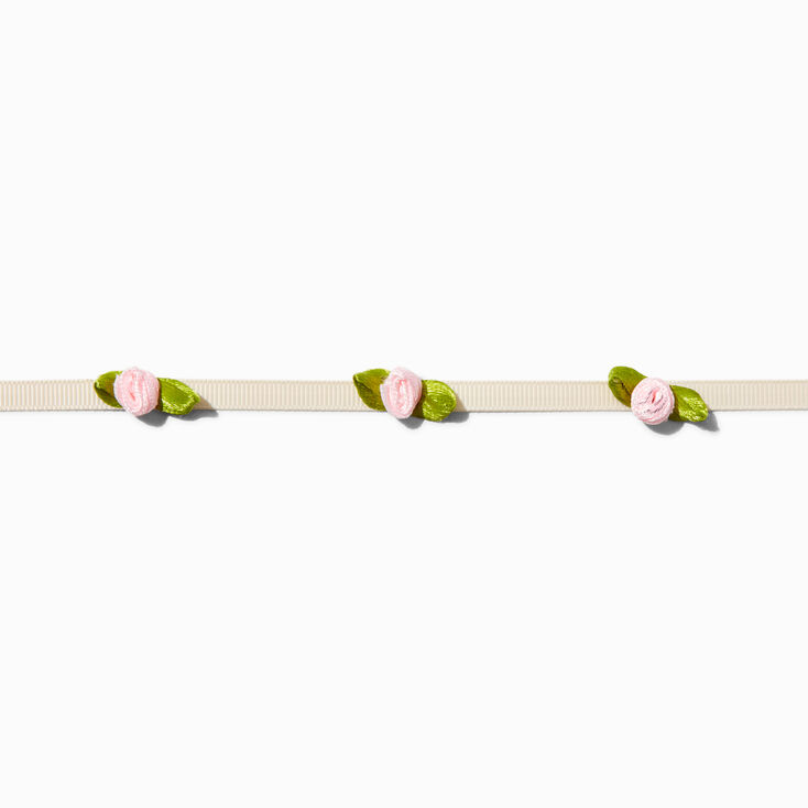 Pink Rose White Ribbon Choker Necklace,