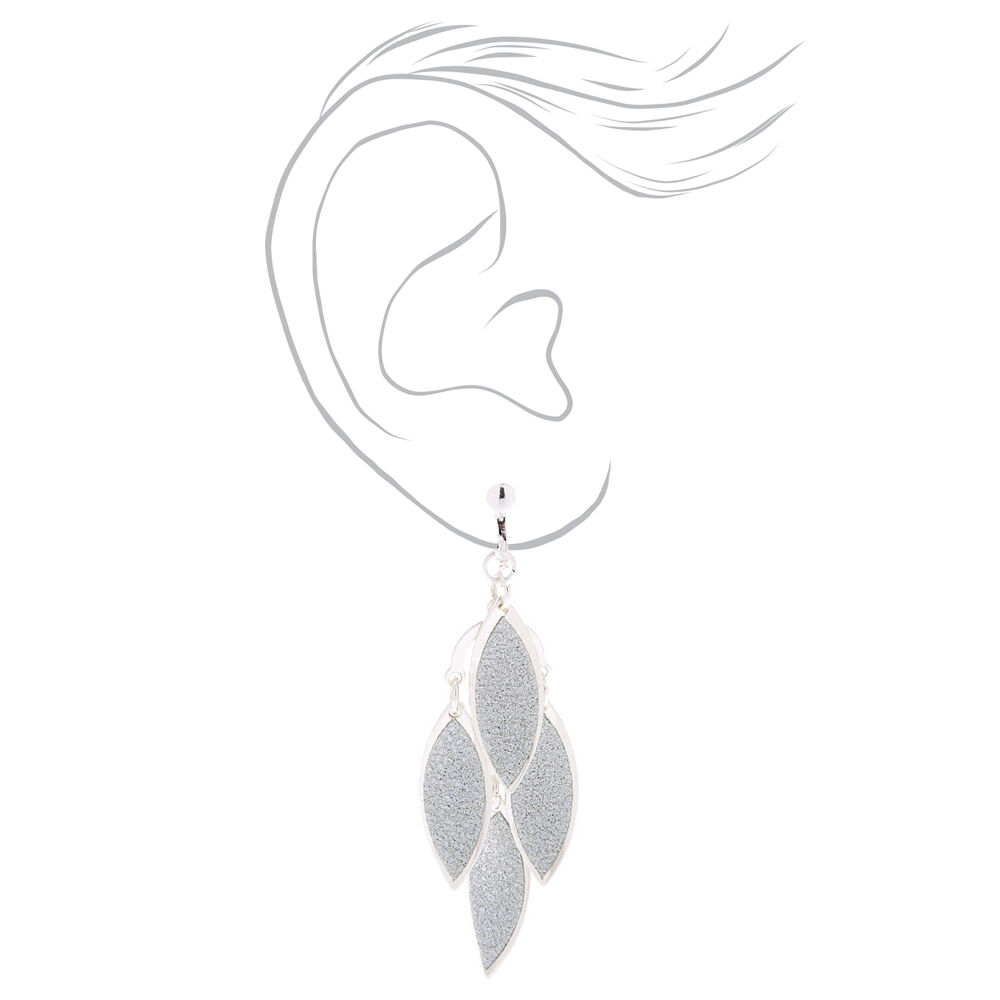 Silver 1.5" Glitter Chandelier Leaf Clip-On Drop Earrings,