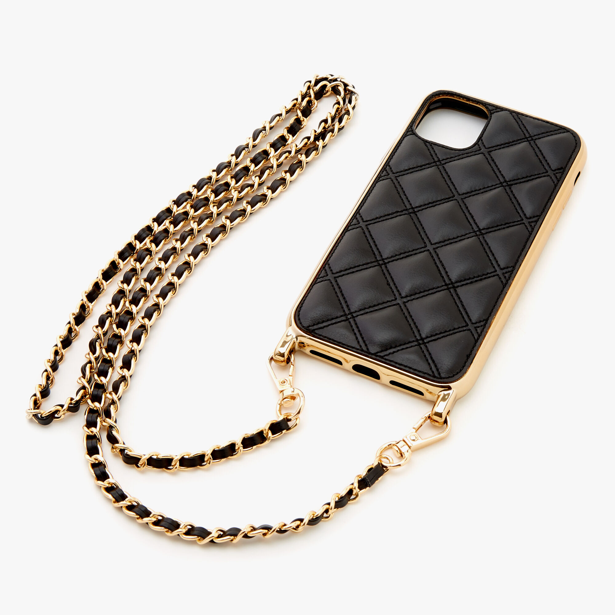 Black Quilted Phone Case with Gold Chain - Fits iPhone 11