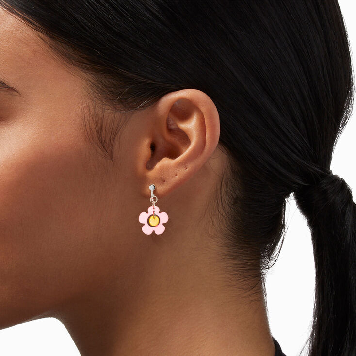 Silver 1&quot; Pink Daisy Clip On Drop Earrings,