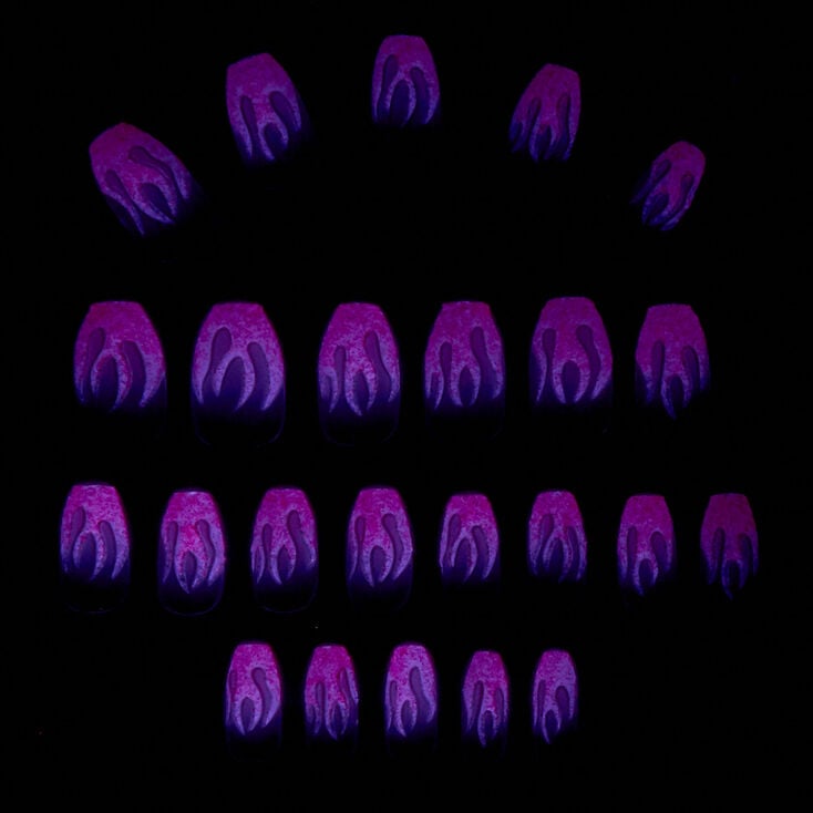 Glow In The Dark Flame Coffin Faux Nail Set - Pink, 24 Pack,