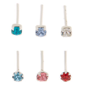 22G Sterling Silver Rainbow Crystal Nose Studs - 6 Pack,