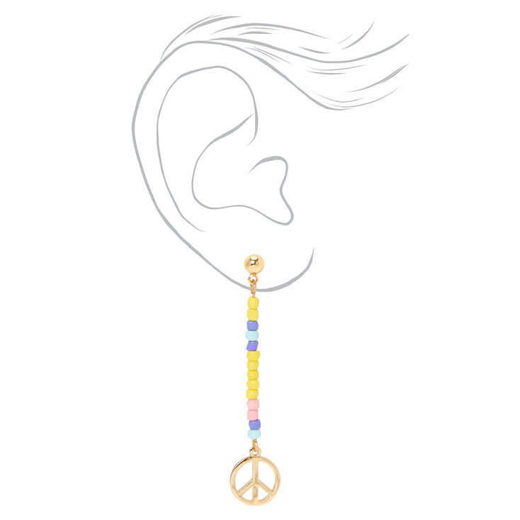 Gold Peace Sign Beaded 2&quot; Drop Earrings,