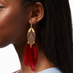 Gold 6&quot; Red Feather Drop Earrings,