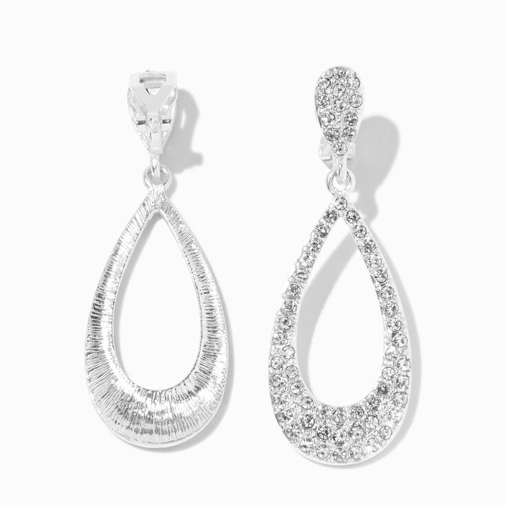 Silver 1.5&quot; Cutout Pave Teardrop Drop Earrings,