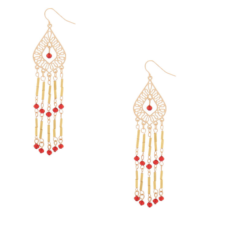 Gold 3&quot; Bead Chandelier Drop Earrings - Red,