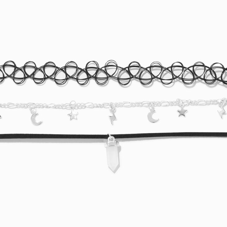 White Mystical Gem, Celestial, &amp; Black Tattoo Choker Necklaces - 3 Pack,