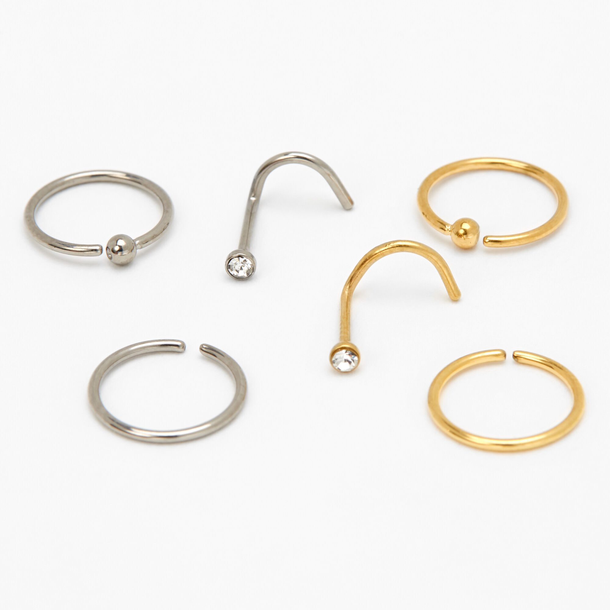 Mixed Metal Titanium 20G Crystal Ball Stud Hoop Nose Rings 6 Pack Claire s US
