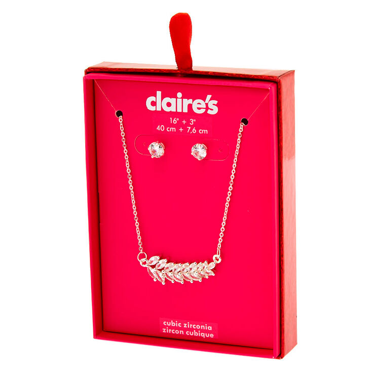 Claire's Coffret cadeau parure de bijoux feuille en zircon cubique d'imitation couleur argenté - Lot de 2