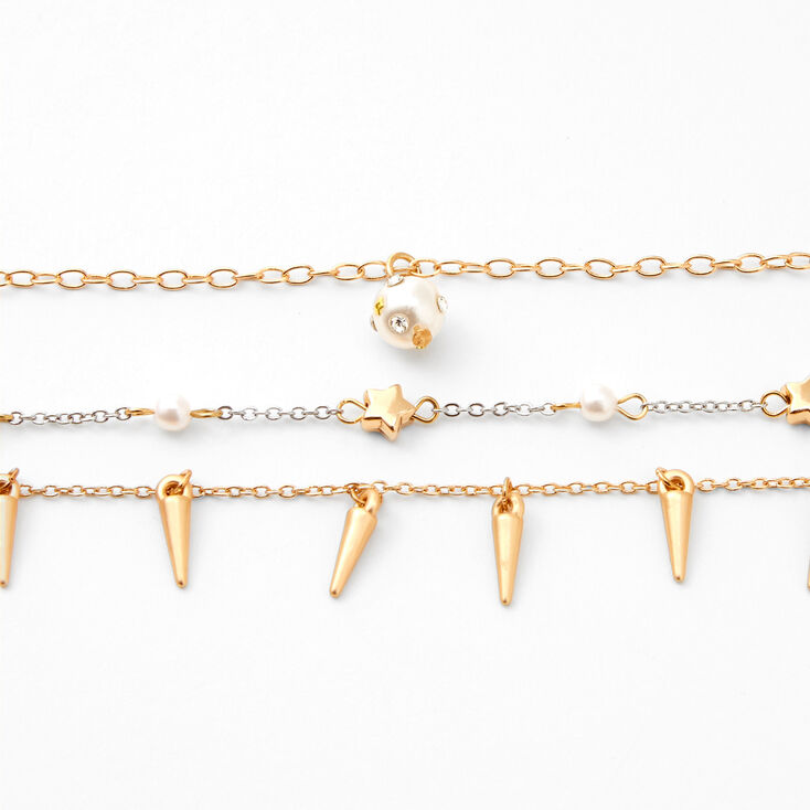 Mixed Metal Spike &amp; Star Charm Choker Necklaces - 3 Pack,