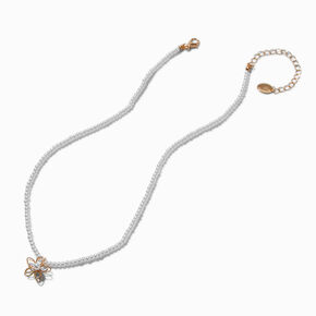 Gold-tone Wire Flower Faux Pearl Pendant Necklace,