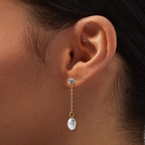 Gold-tone Pearl &amp; Cubic Zirconia 1.5&quot; Liner Drop Earrings,