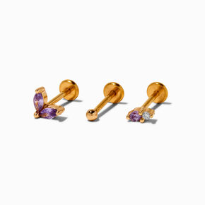 Gold-tone Stainless Steel Purple 18G Threadless Tragus Earring - 3 Pack,