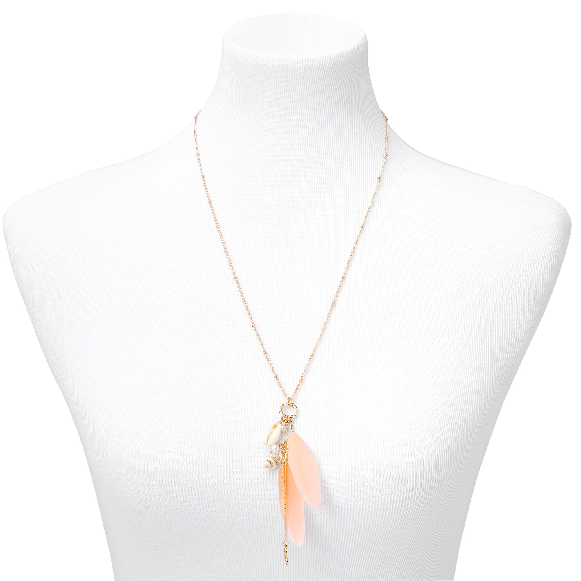 Shells & Feathers Long Pendant Cluster Necklace - Gold,