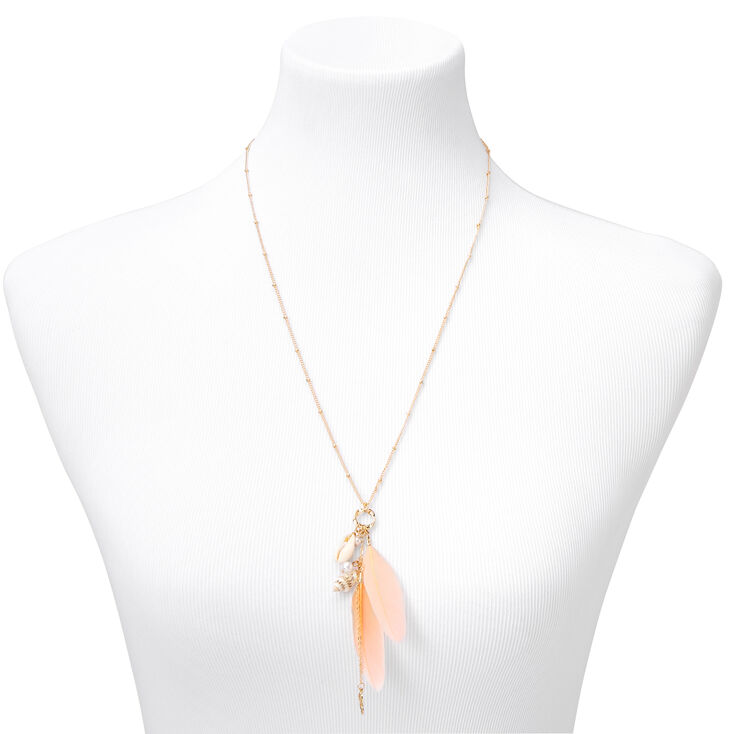 Shells &amp; Feathers Long Pendant Cluster Necklace - Gold,