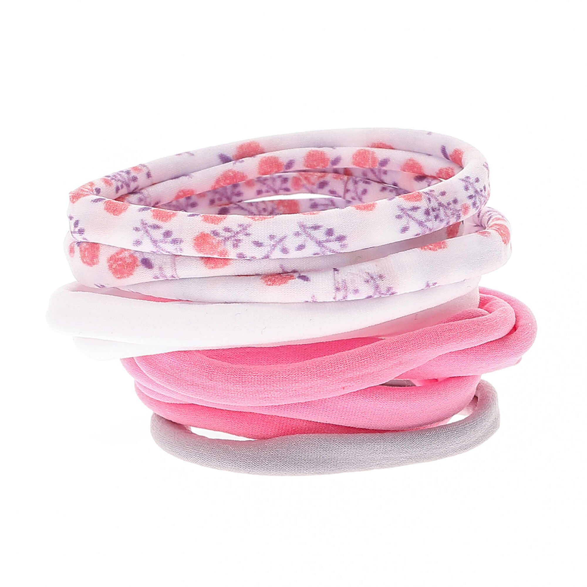 Claire's Élastiques roulés variés aux motifs unis et floraux - Rose, lot de 10