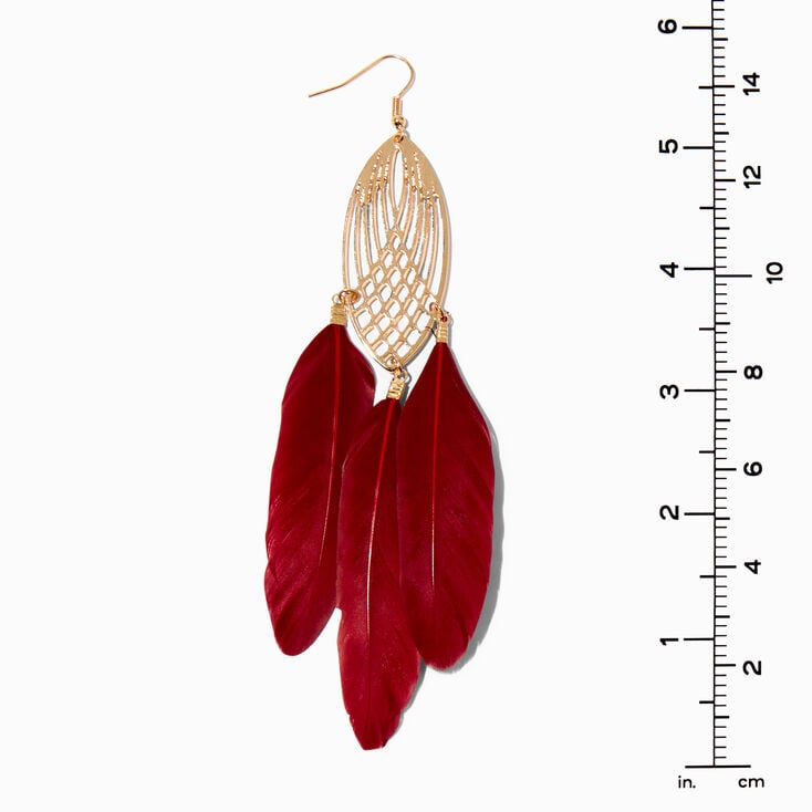 Gold 6&quot; Red Feather Drop Earrings,