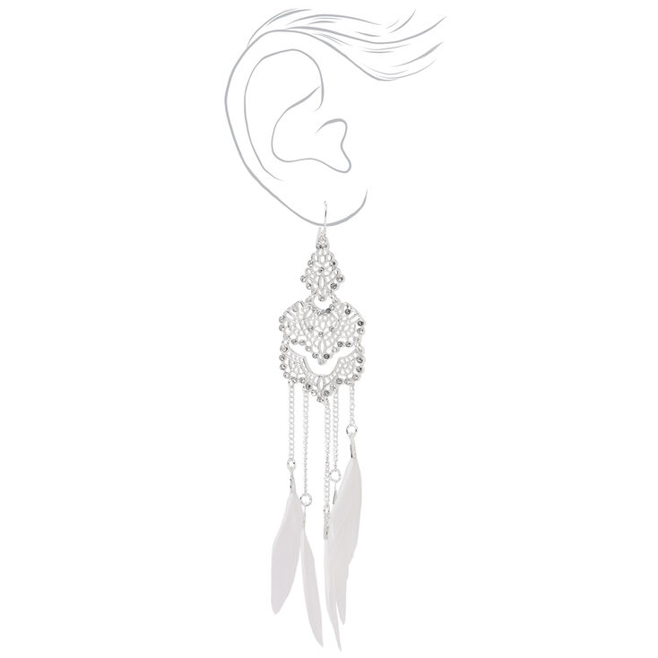Silver 5&quot; Filigree Feather Drop Earrings - White,