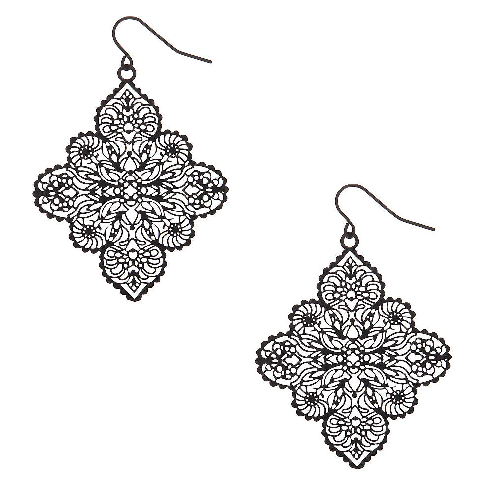 Black 2" Filigree Drop Earrings,
