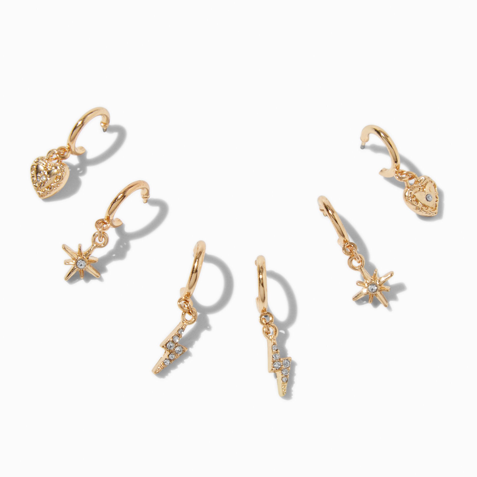 Pendantes éclair, cœur, étoile rayonnante couleur dorée empilables - Lot de 3,