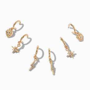 Gold-tone Lightning Bolt, Heart, Starburst Earring Stackables Set - 3 Pack,