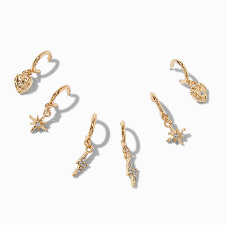Gold-tone Lightning Bolt, Heart, Starburst Earring Stackables Set - 3 Pack,