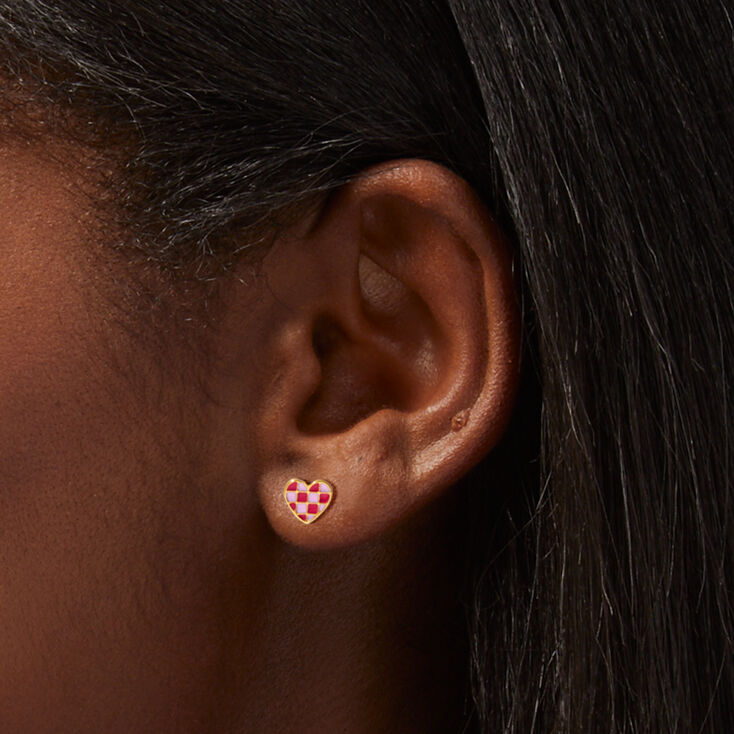 18K Gold Plated Pink Checkered Heart Stud Earrings,