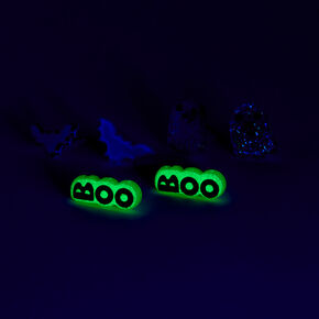 Halloween Ghost, BOO &amp; Bat Glow In The Dark Stud Earrings - 3 Pack,