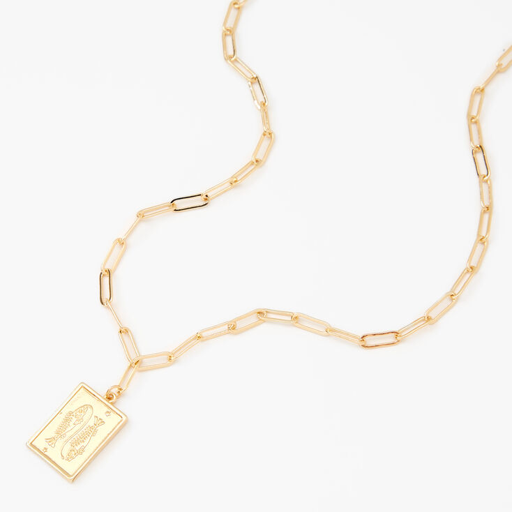 Gold Rectangle Zodiac Symbol Pendant Necklace - Pisces,