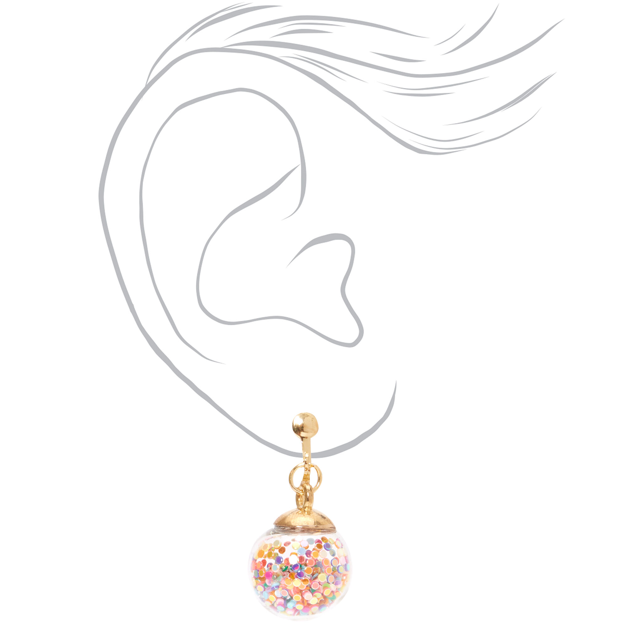 Gold 1" Rainbow Glitter Shaker Clip On Drop Earrings,