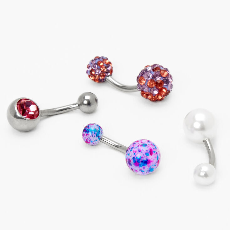 Silver 14G Mixed Crystal Pearl Belly Rings - Purple, 4 Pack,