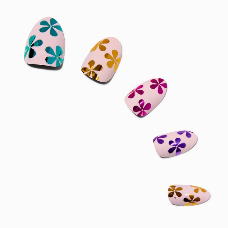 Chrome Floral Short Almond Vegan Faux Nail Set - 24 Pack,