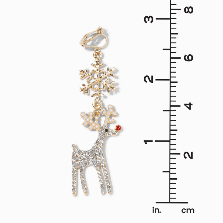 Crystal Reindeer &amp; Gold Snowflake 2&quot; Clip-On Drop Earrings,