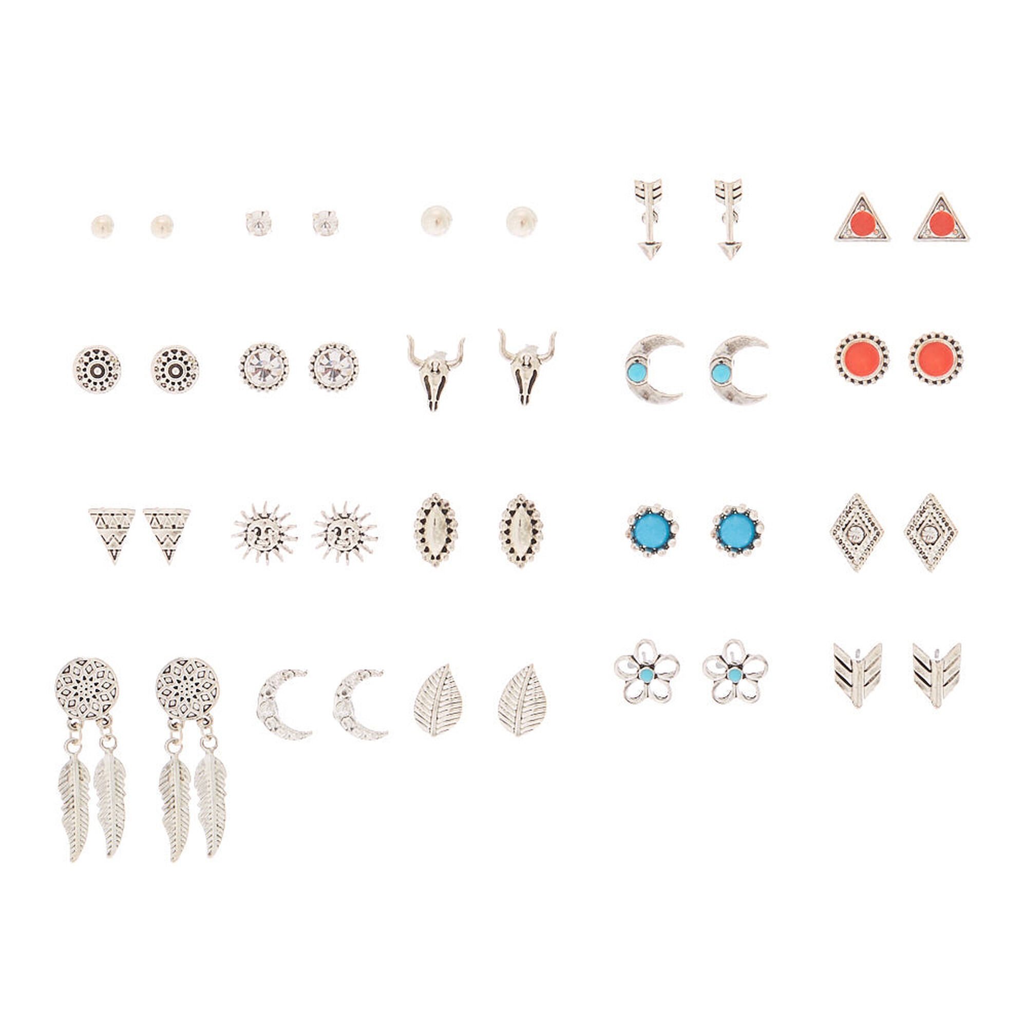 Silver Western Boho Stud Earrings - 20 Pack,