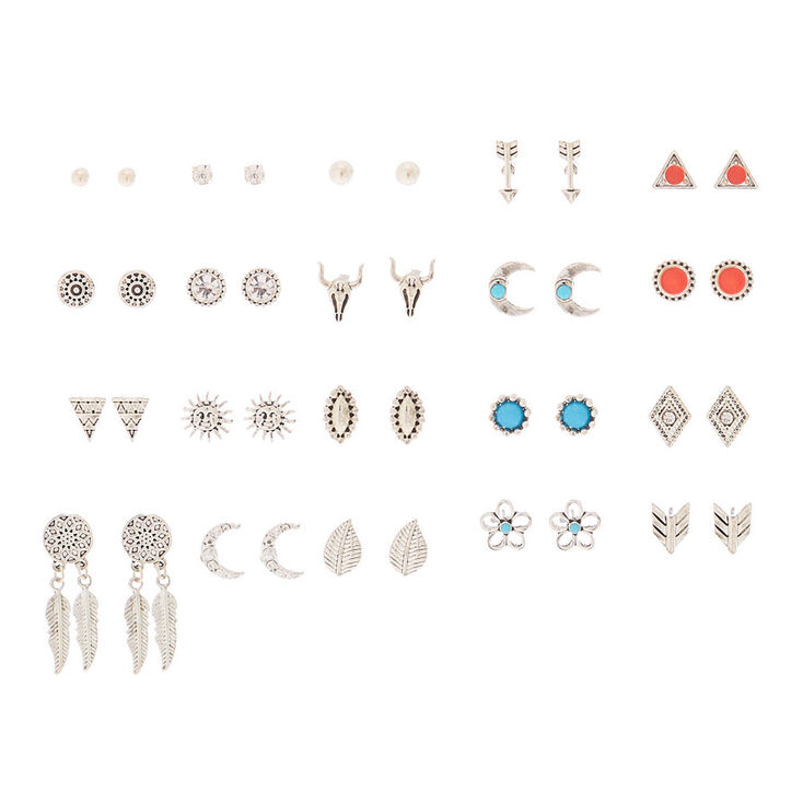 Silver Western Boho Stud Earrings - 20 Pack,