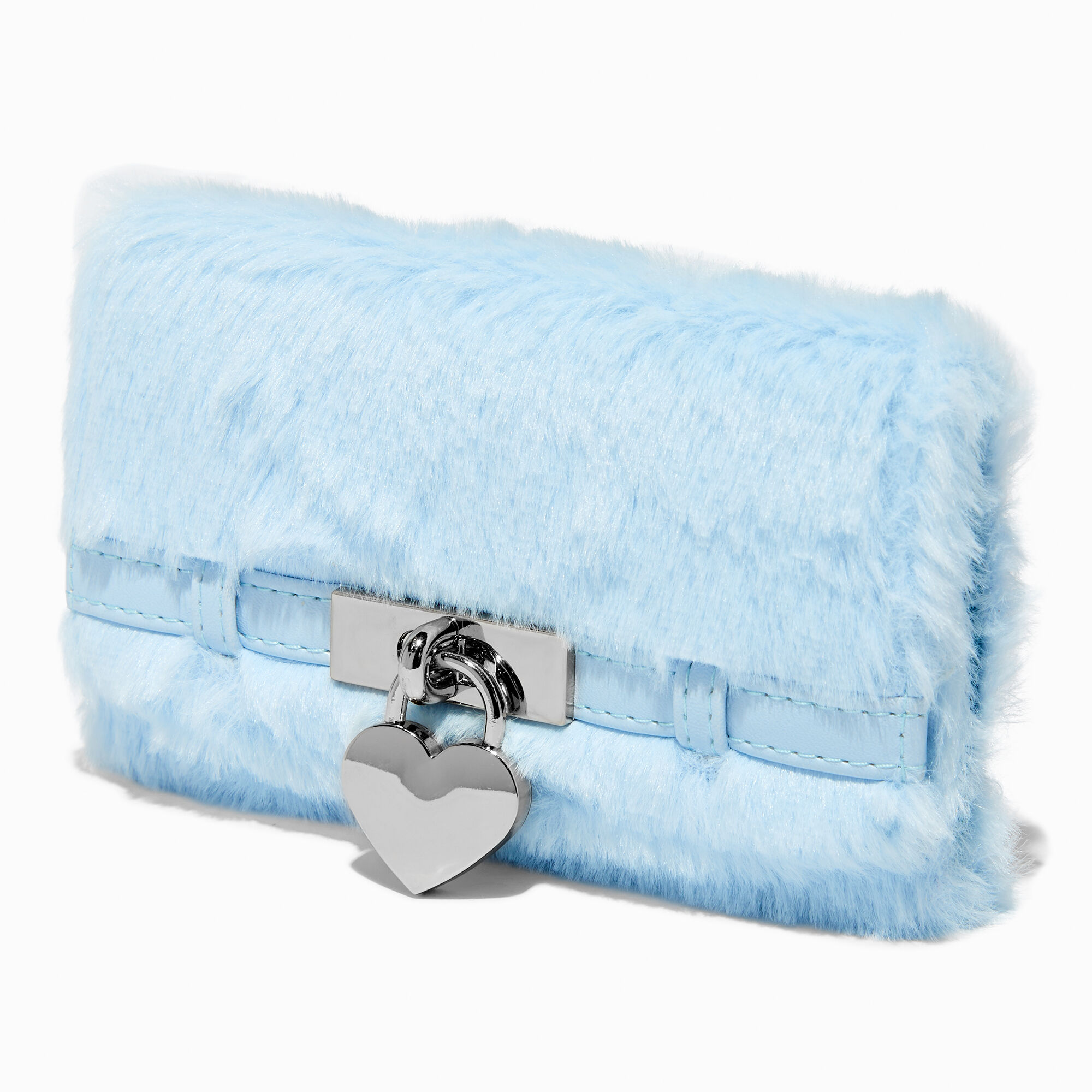 View Claires Furry Heart Buckle Trifold Wallet Blue information