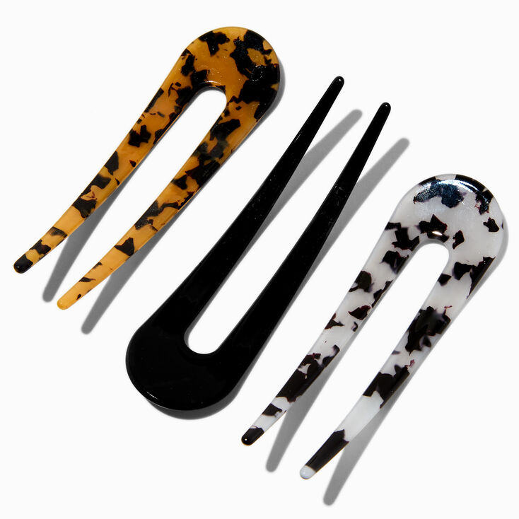 Black &amp; Tortoiseshell U-Shaped Hair Pins - 3 Pack,