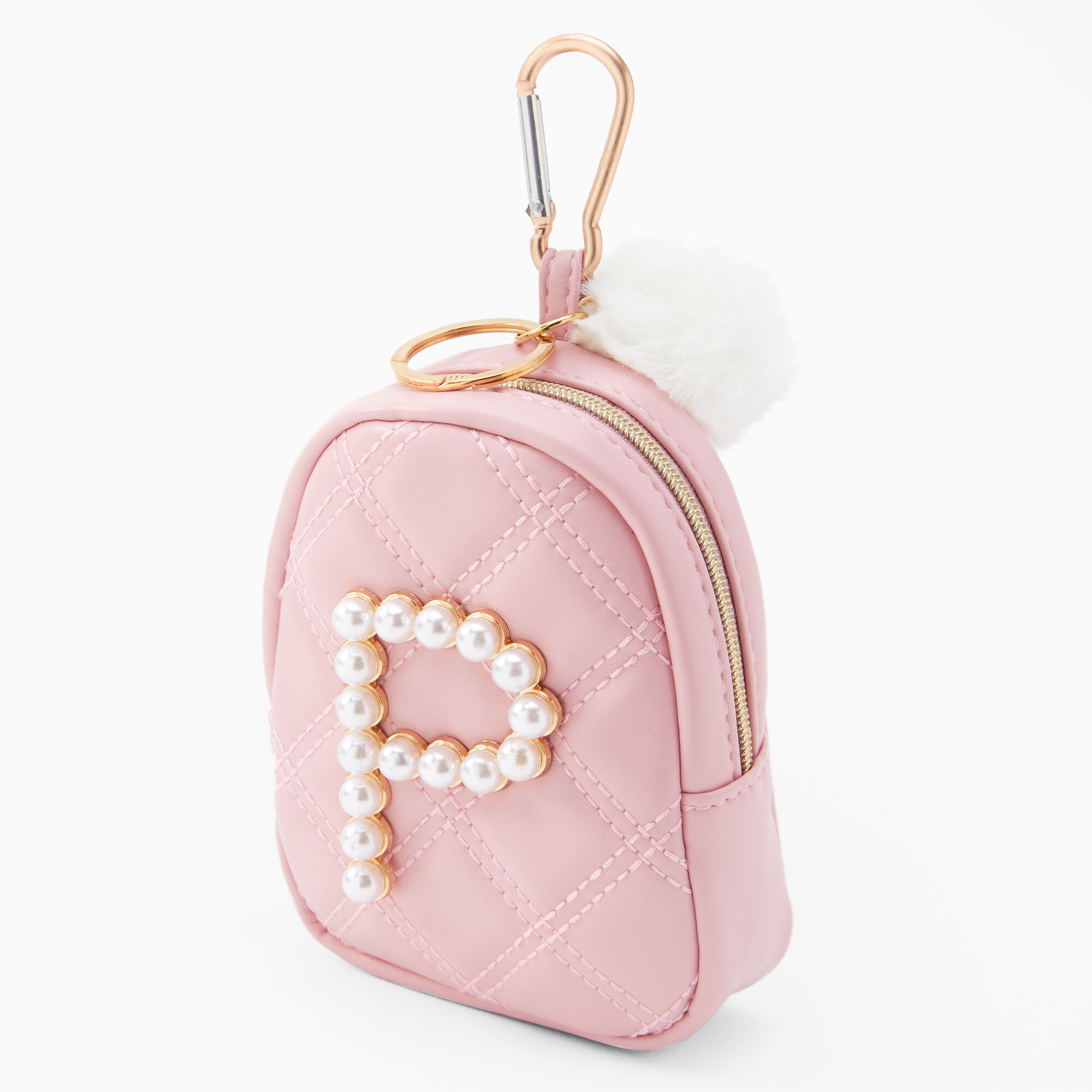 Claire's Porte-clés mini sac à dos perles d’imitation à initiale - Rose tendre, P