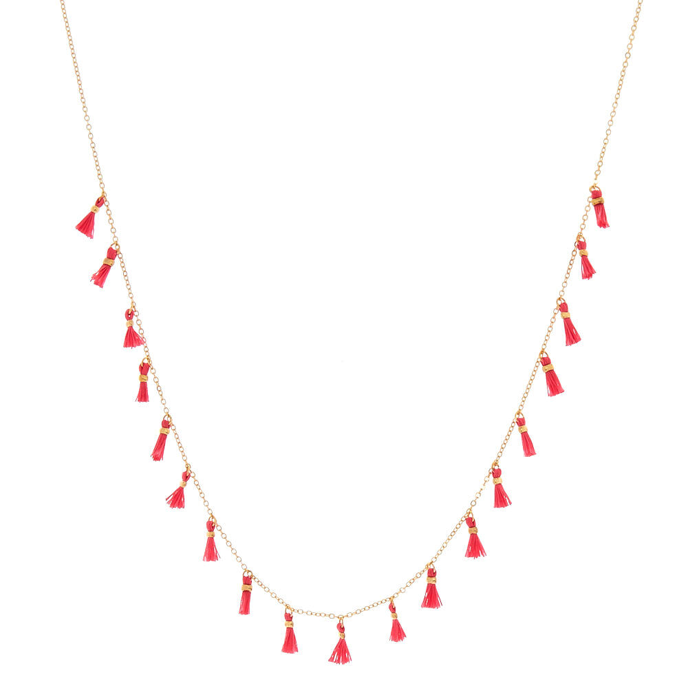 Gold Pink Tassel Statement Necklace,