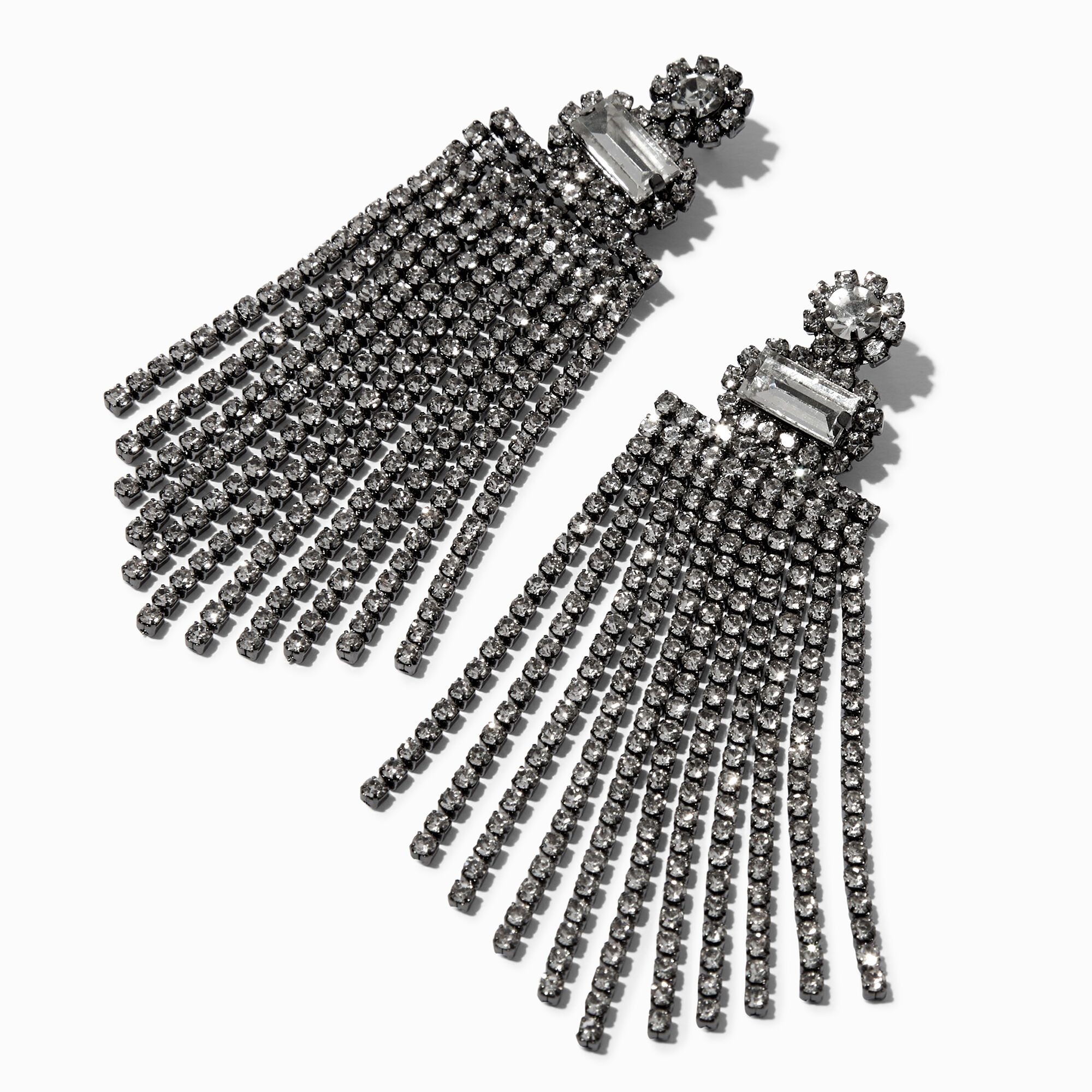 View Claires Hematite Crystal 3 Chandelier Fringe Drop Earrings information